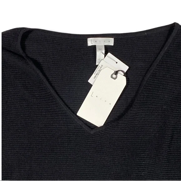 Leith Black V-neck Sweater, Lightweight Cotton Blend, XXS, New With Tags - Picture 4 of 9